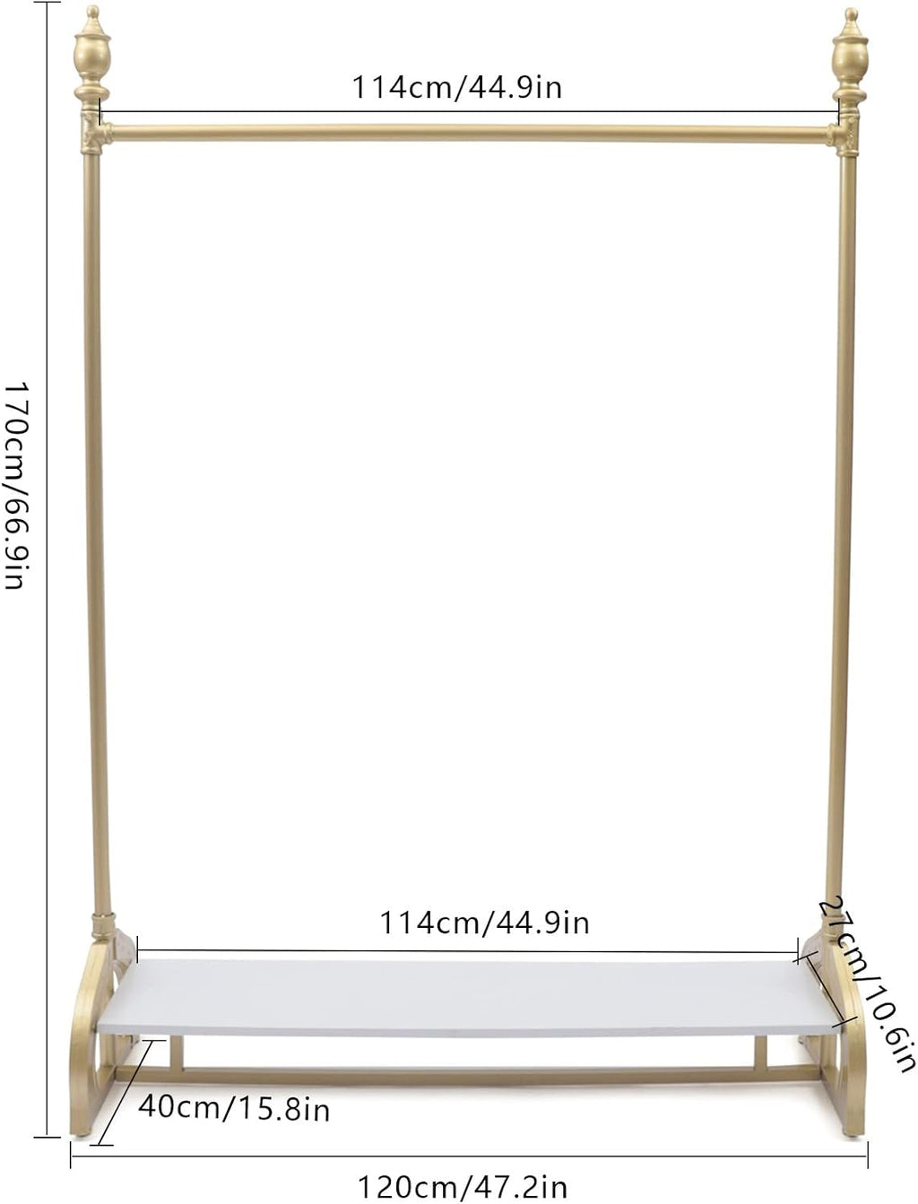 Clothes Rack on wheels, Gold Clothing Rack with Bottom Wood Storage Shelf, Heavy Duty Metal Frame Pipe Industrial Rolling Garment Rack for Hanging Clothes, Coats, 47' L x 16' W x 67' H