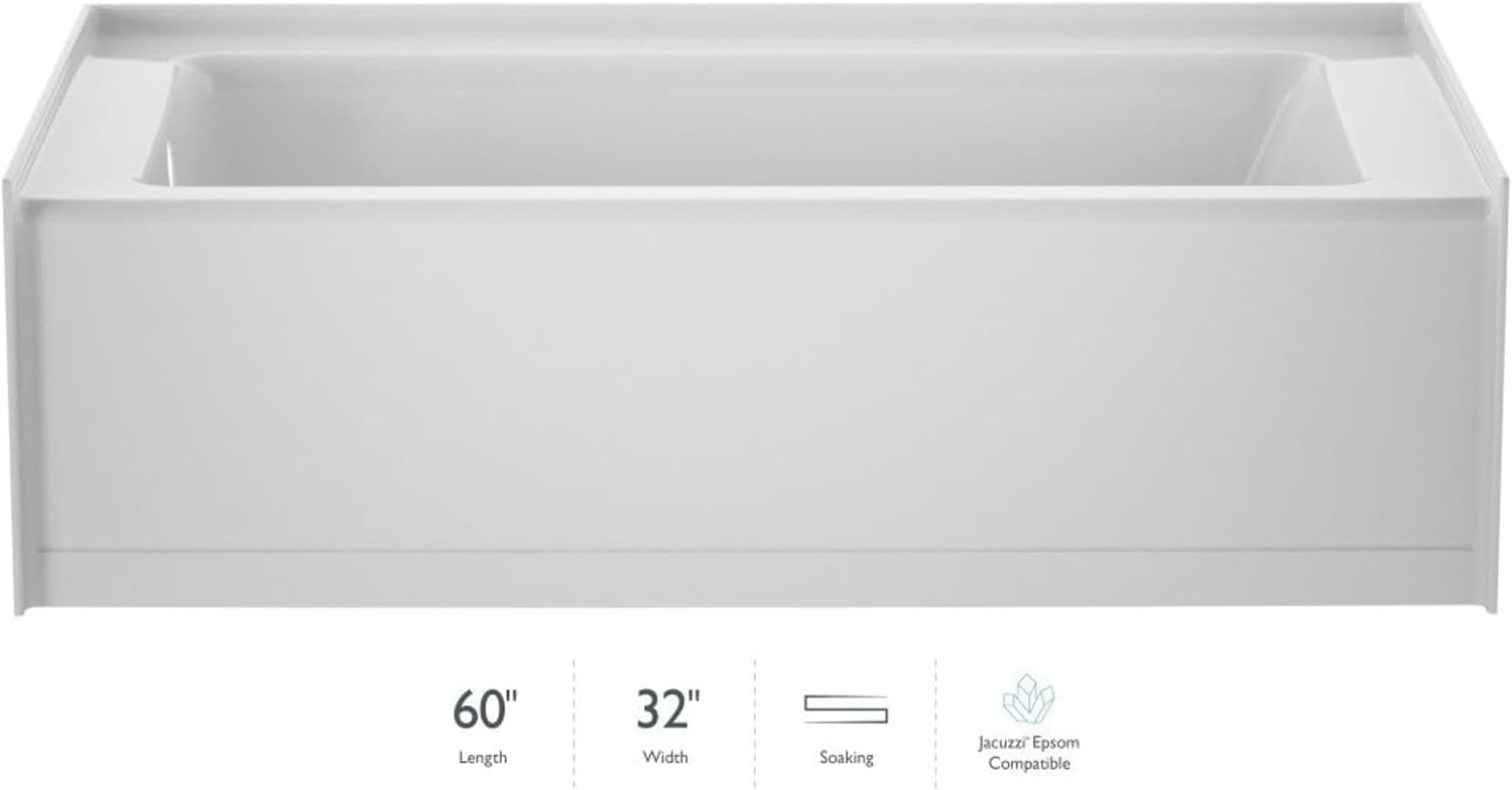 Jacuzzi SIGNATURE Acrylic Low-Profile 16' Bathtub, Soaking Sanctuary for Homes & Businesses, Slip Resistant, Left Drain Placement, 60' (L) x 32' (W), White
