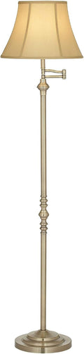 Regency Hill Montebello Traditional Adjustable Swing Arm Floor Lamp Standing 60' Tall Antique Brass Metal Column Golden Tan Bell Shade for Living Room Reading House Family Bedroom Home