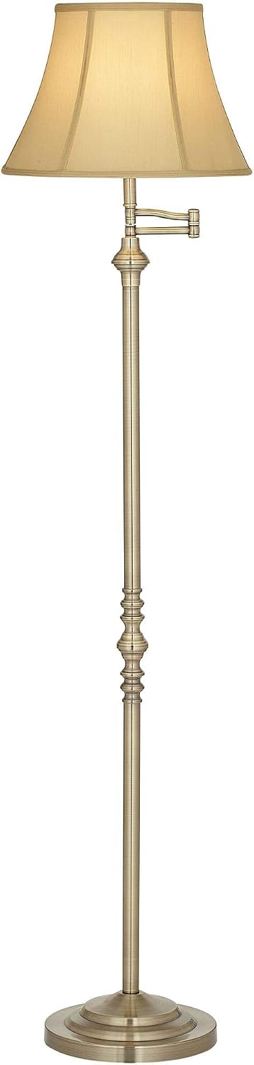 Regency Hill Montebello Traditional Adjustable Swing Arm Floor Lamp Standing 60' Tall Antique Brass Metal Column Golden Tan Bell Shade for Living Room Reading House Family Bedroom Home