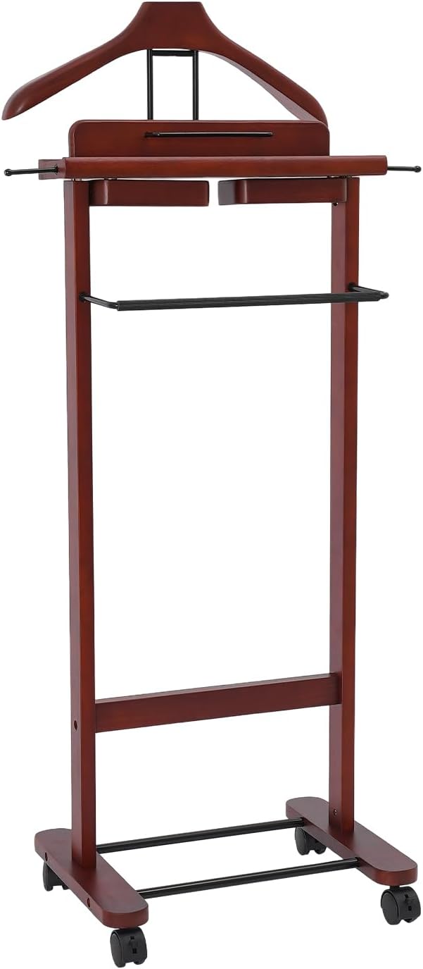 Suit Valet Stand Reddish Orange, Freestanding Clothes Rack with Wheels & Drawers, Solid Birch Wood, 66lbs Capacity, for Bedroom Hotel Entryway