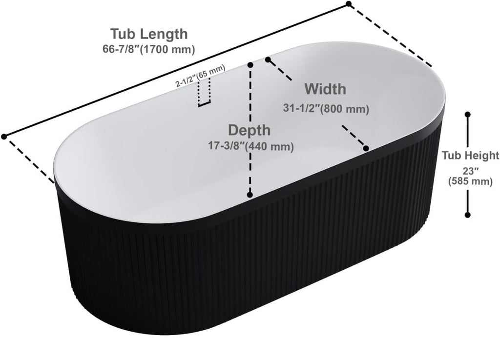 Dowell 67' x 31' Freestanding Bathtub, Acrylic Soaking Tubs, Fluted Design Oval Shape Bathtub W,Matte Black-081 6731 02