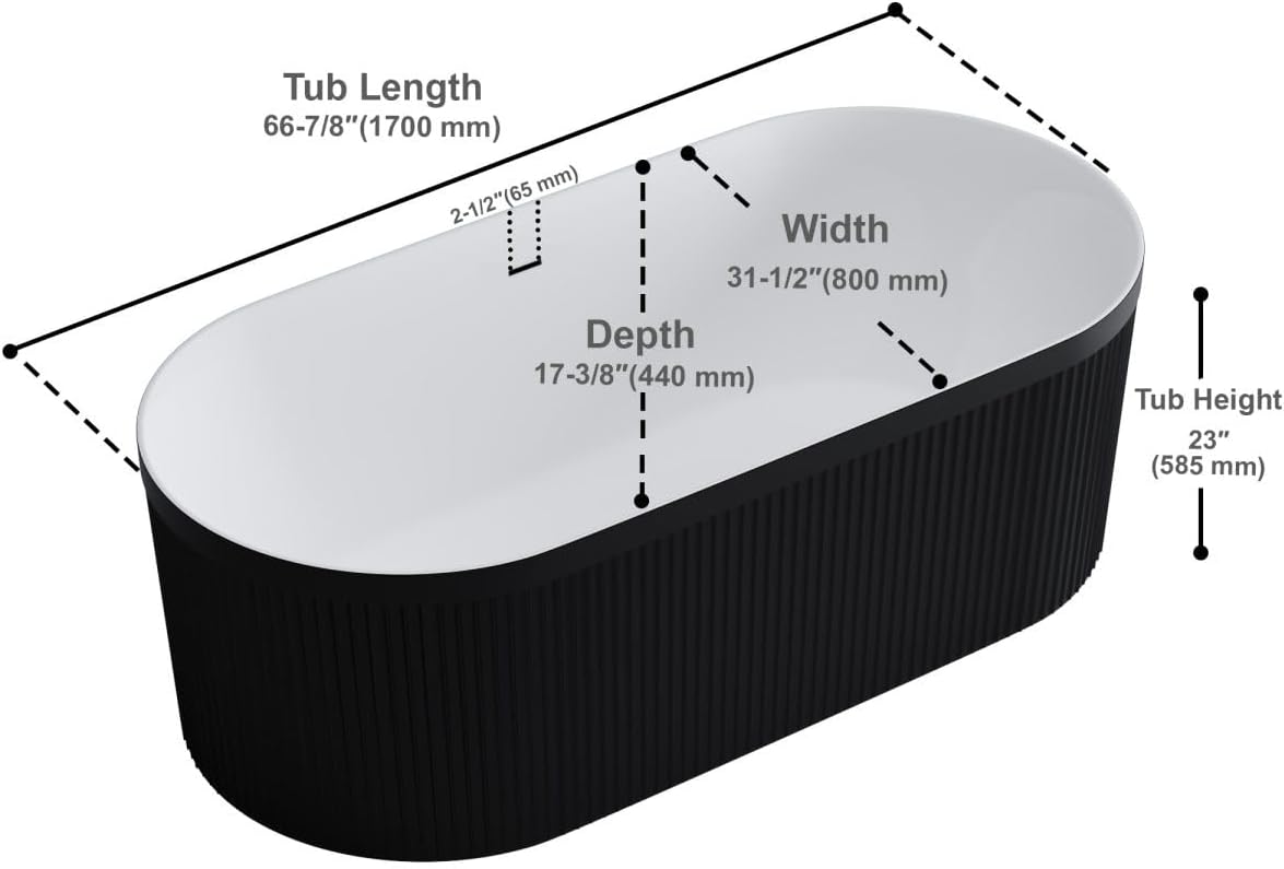 Dowell 67' x 31' Freestanding Bathtub, Acrylic Soaking Tubs, Fluted Design Oval Shape Bathtub W,Matte Black-081 6731 02