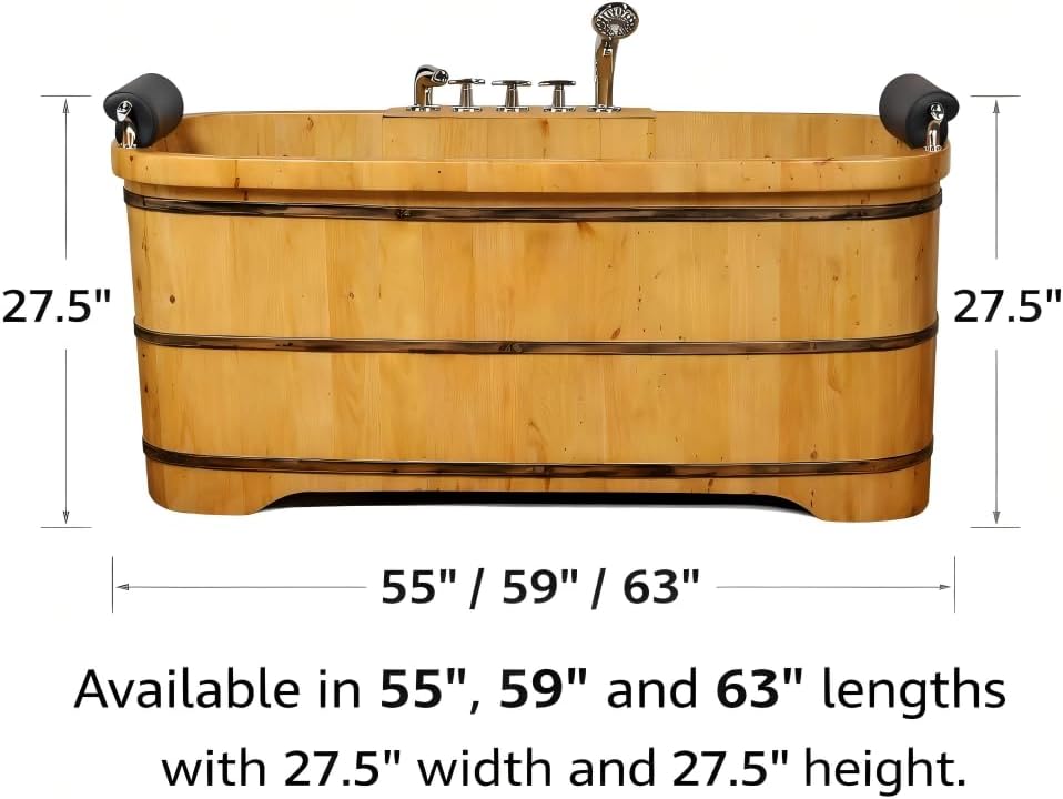 OGOLUOG Cedar Wood Soaking Tub Freestanding Wooden Bathtub with Adjustable Seat Backrest and Headrest, Adult Spa Bath Tub 47.2'–63' for Home Bathroom (NW, 55')