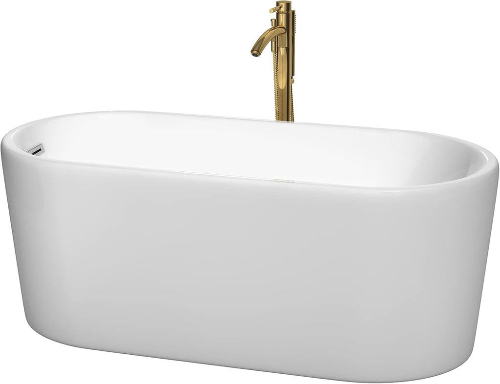 Ursula 59 Inch Freestanding Bathtub in White with Polished Chrome Trim and Floor Mounted Faucet in Brushed Gold