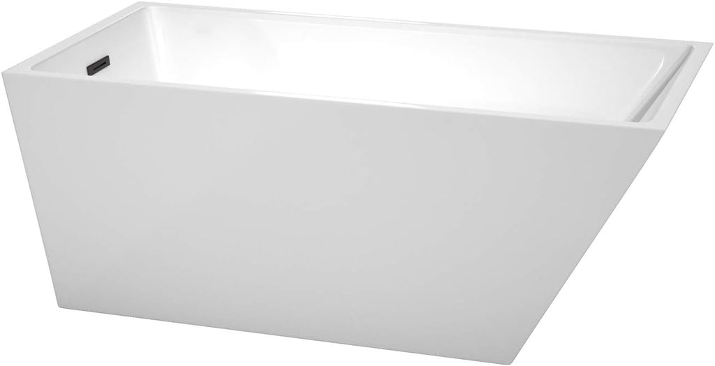 Wyndham Collection Hannah 59 Inch Freestanding Bathtub in White with Matte Black Drain and Overflow Trim, white with matte black trim