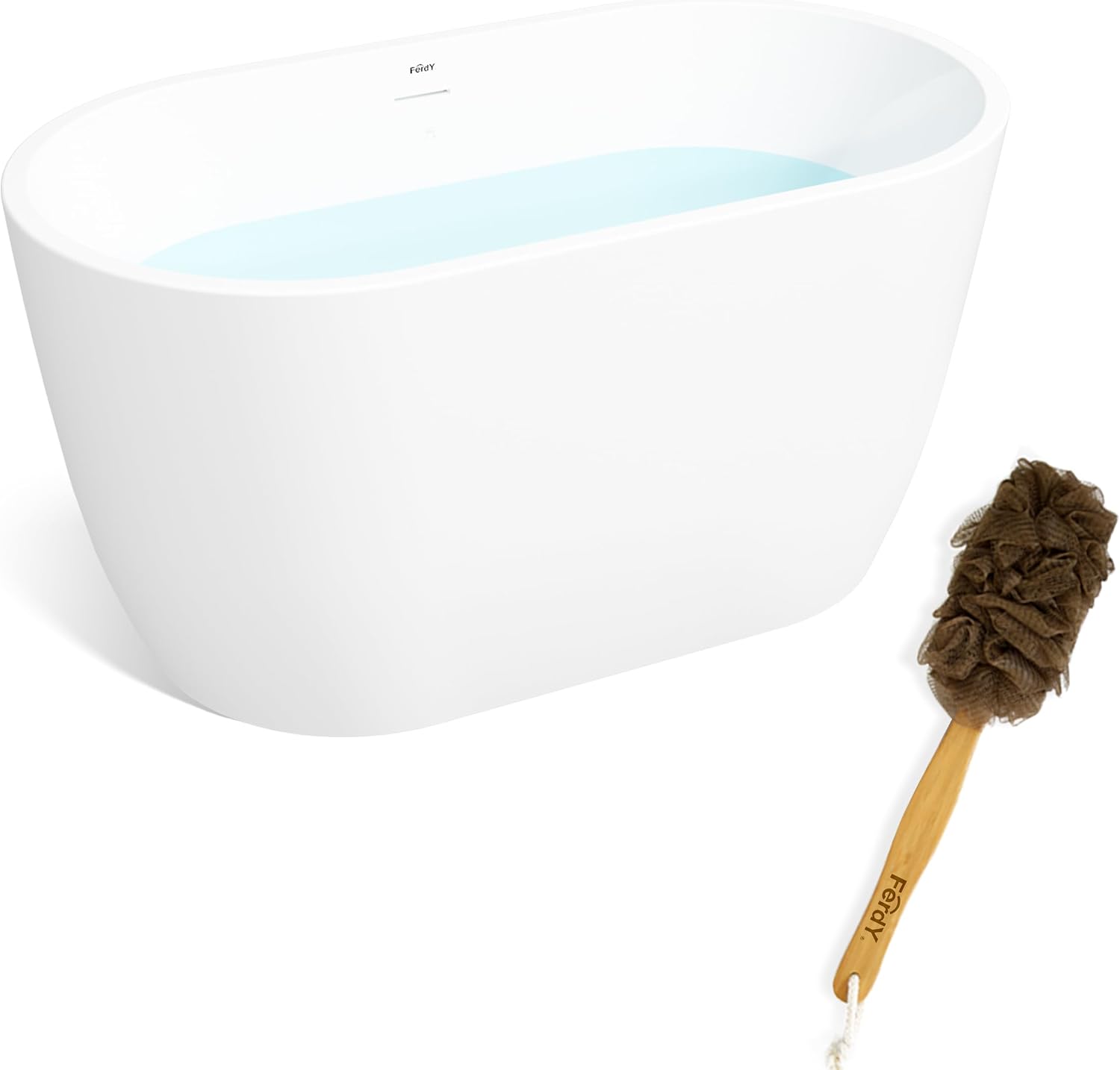 FerdY 47' Bali Acrylic Freestanding Bathtub, Gracefully Shaped Freestanding Soaking Bathtub, cUPC Certified, Toe-Tap Polished Gold Drain&FerdY Back Scrubber for Shower,Long Handled Loofah on a Stick