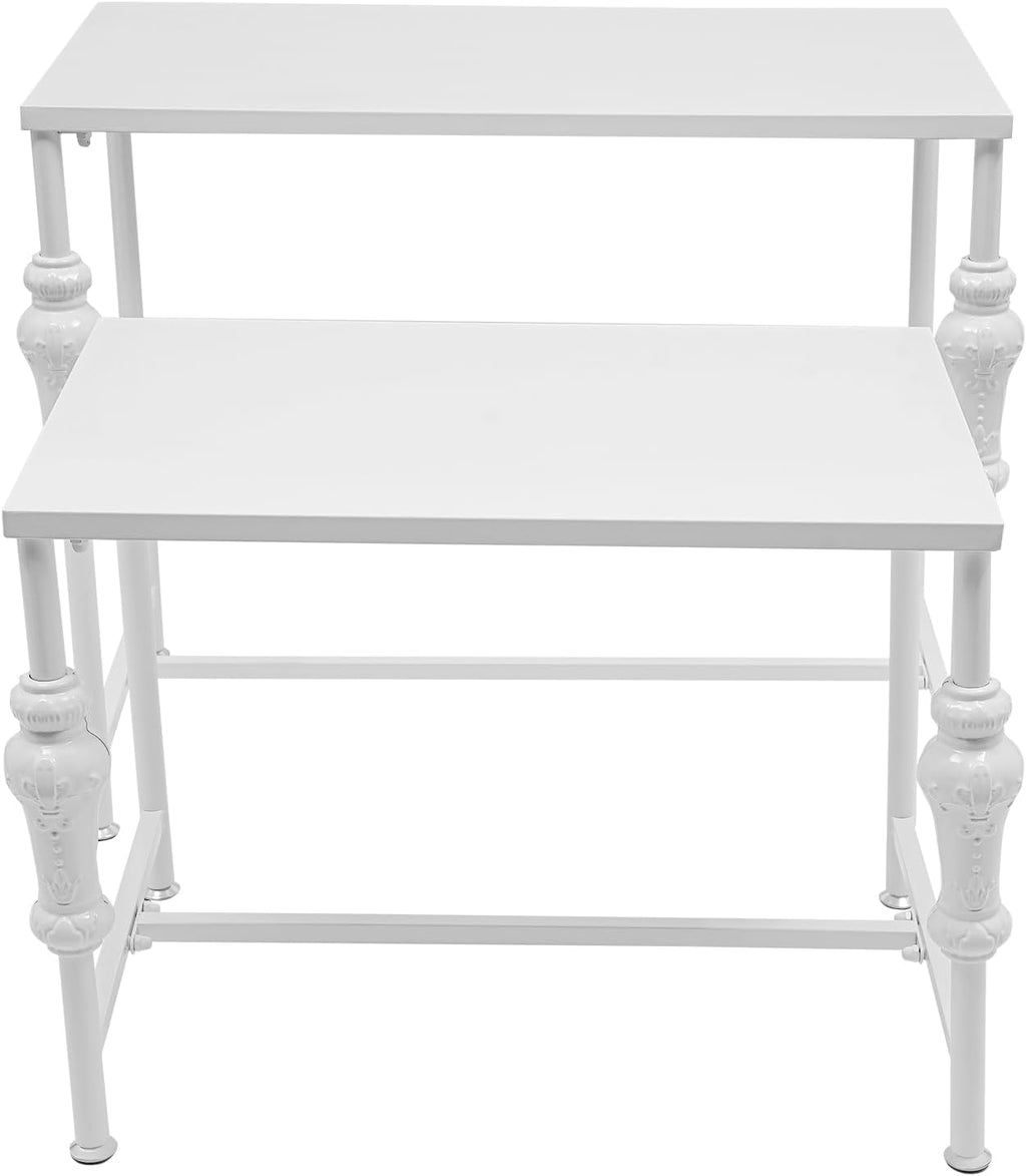 Industrial Retail Display Tables, Set of 2 Standing Clothing Shoes Display Rack, Heavy Duty Boutique Display Riser Storage Shelves, Garment Handbag Display Stand for Retail Clothing Store (White)