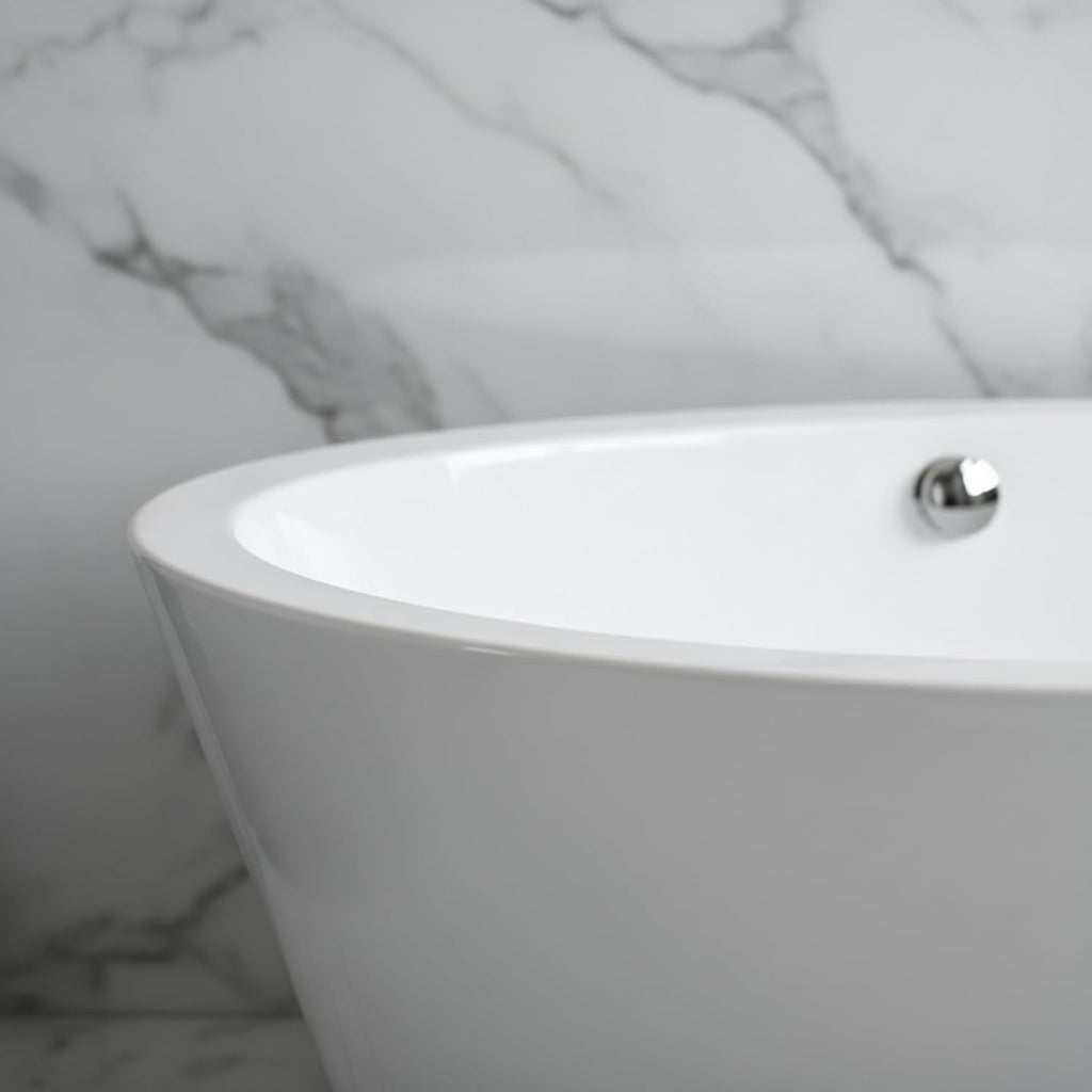 Udine 67' Freestanding Acrylic Bathtub with Chrome Drain, Glossy White Seamless Soaking Tub, Fiberglass Reinforced with Leveling Legs, 81 Gal Capacity