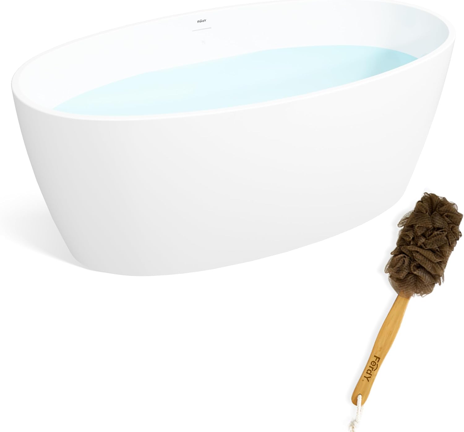 FerdY Tahiti 59' Acrylic Freestanding Bathtub, Elegant Oval Shape Soaking Bathtub, Glossy White, Matte Black Drain & Back Scrubber for Shower,Long Handled Loofah on a Stick, Soft PE Mesh Back Sponge