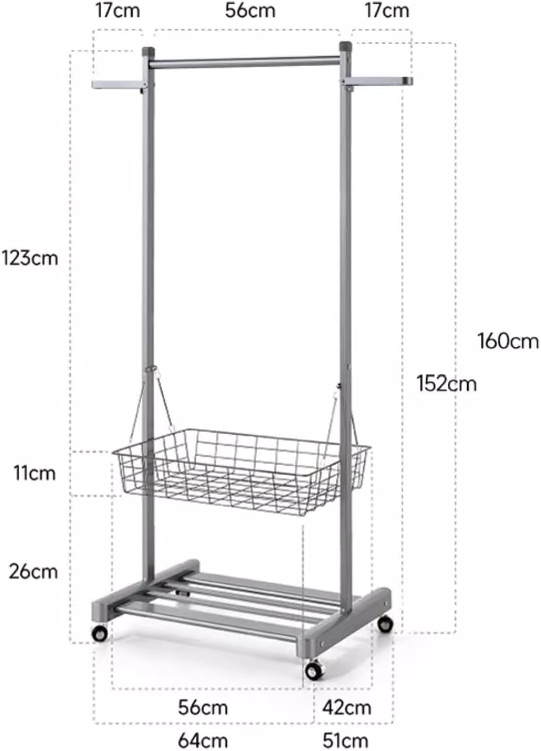 Heavy Duty Coat Rack, Garment Rack Aluminum Alloy Clothes Rail On Wheel, Multifunctional Clothing Rack with 2 Foldable Hooks, Removable Storage Basket and Shelves, Space Saving Coat Rack