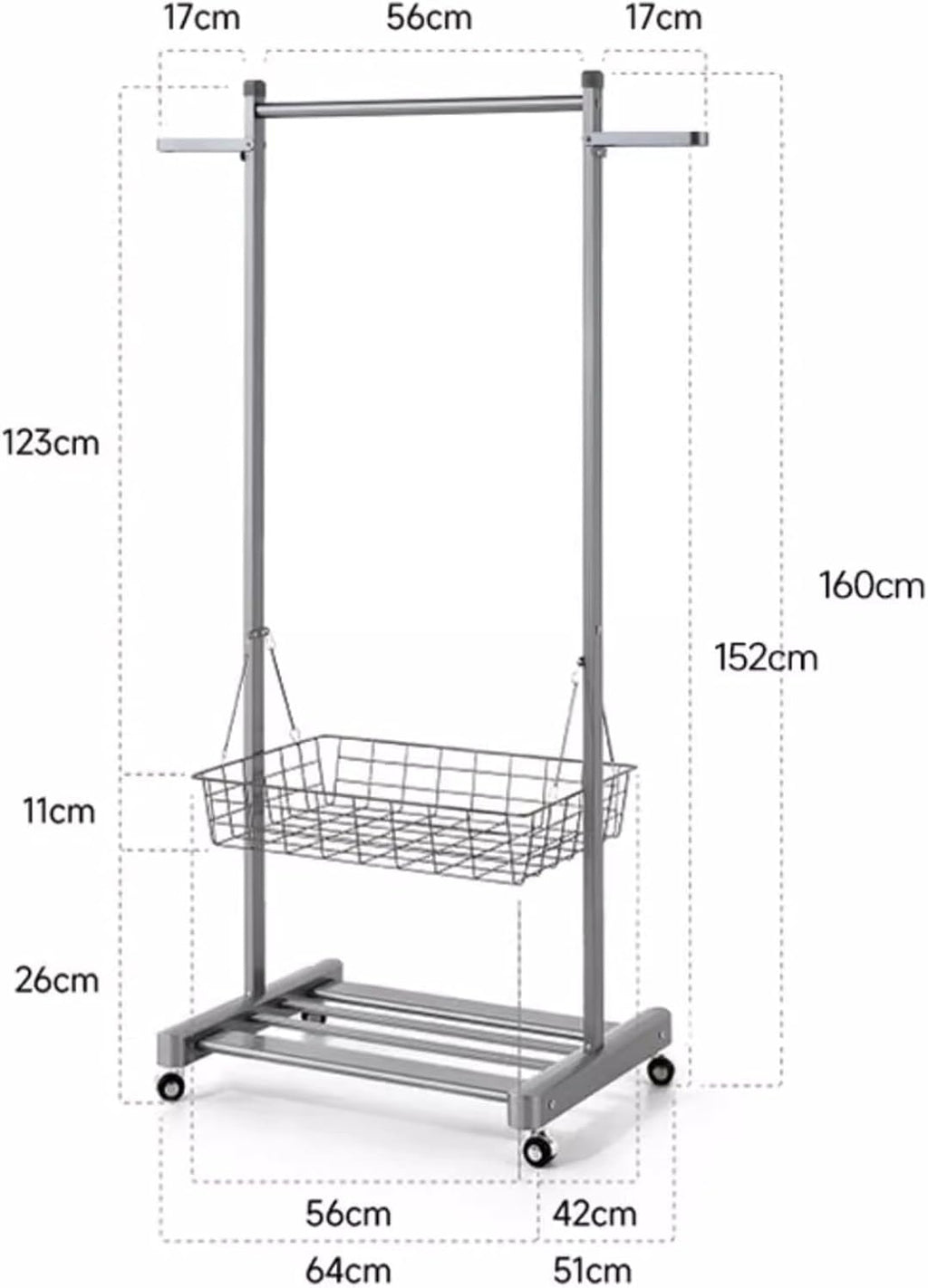 Heavy Duty Garment Rack Aluminum Alloy Clothes Rail On Wheel, Multifunctional Clothing Rack with 2 Foldable Hooks, Removable Storage Basket and Shelves, Space Saving Coat Rack for Bedroom
