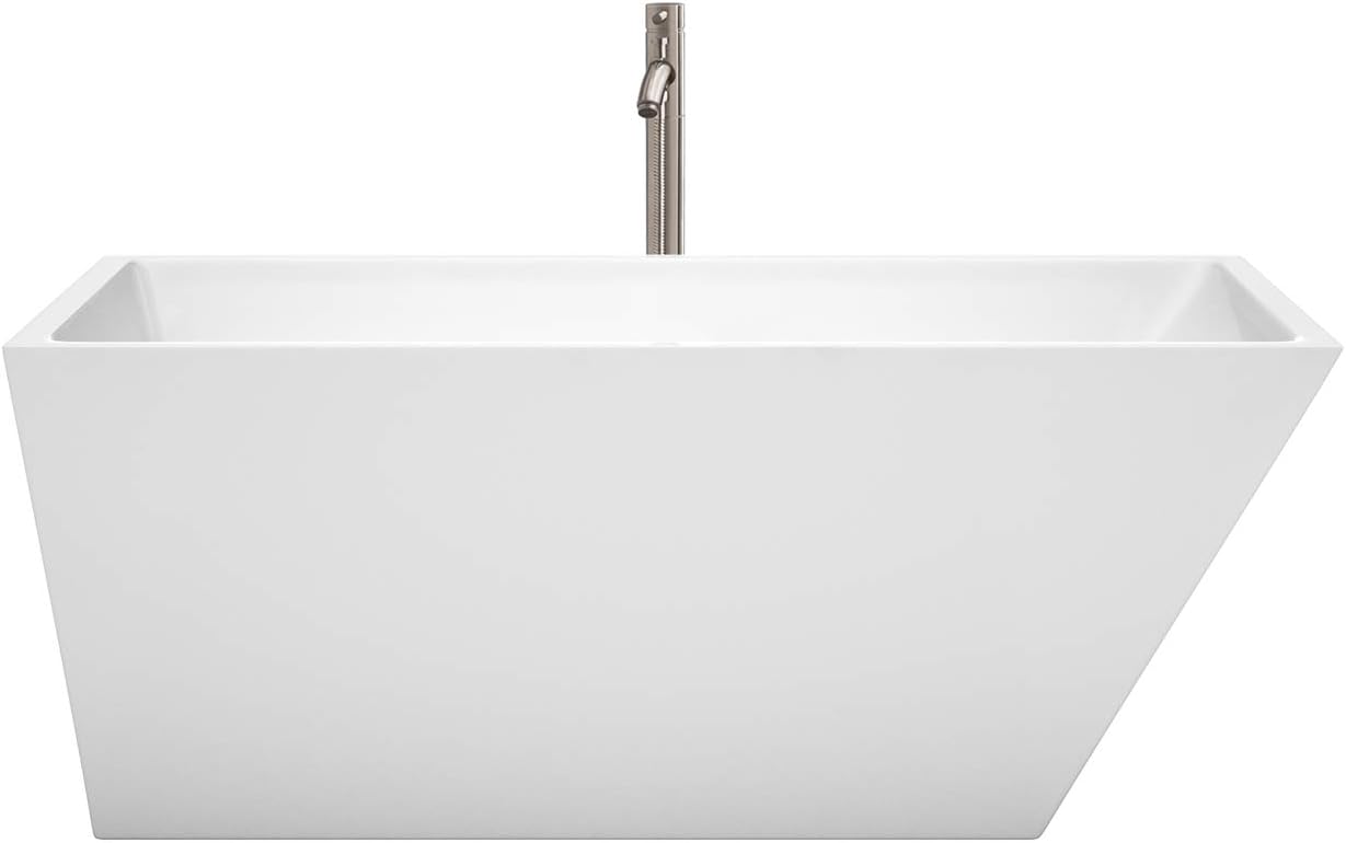 Wyndham Collection WCBTK150159ATP11BN Hannah Freestanding Bathtub with Floor Mounted Faucet In Brushed Nickel, 59', White with Brushed Nickel Trim