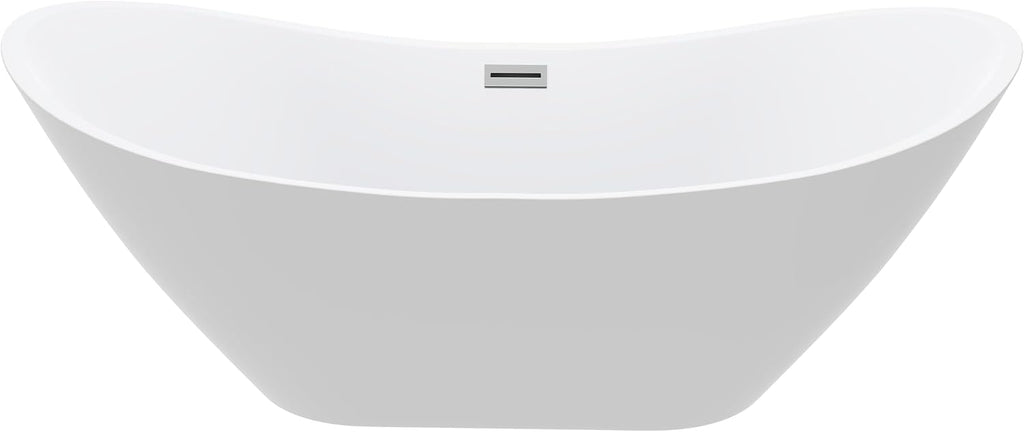 BuildMyplace Sky 67' Acrylic Freestanding Contemporary Soaking Bathtub with Glossy White Finish, Oval Shape, Chrome Plated Drain Cover & Pop Up-Overflow Hole