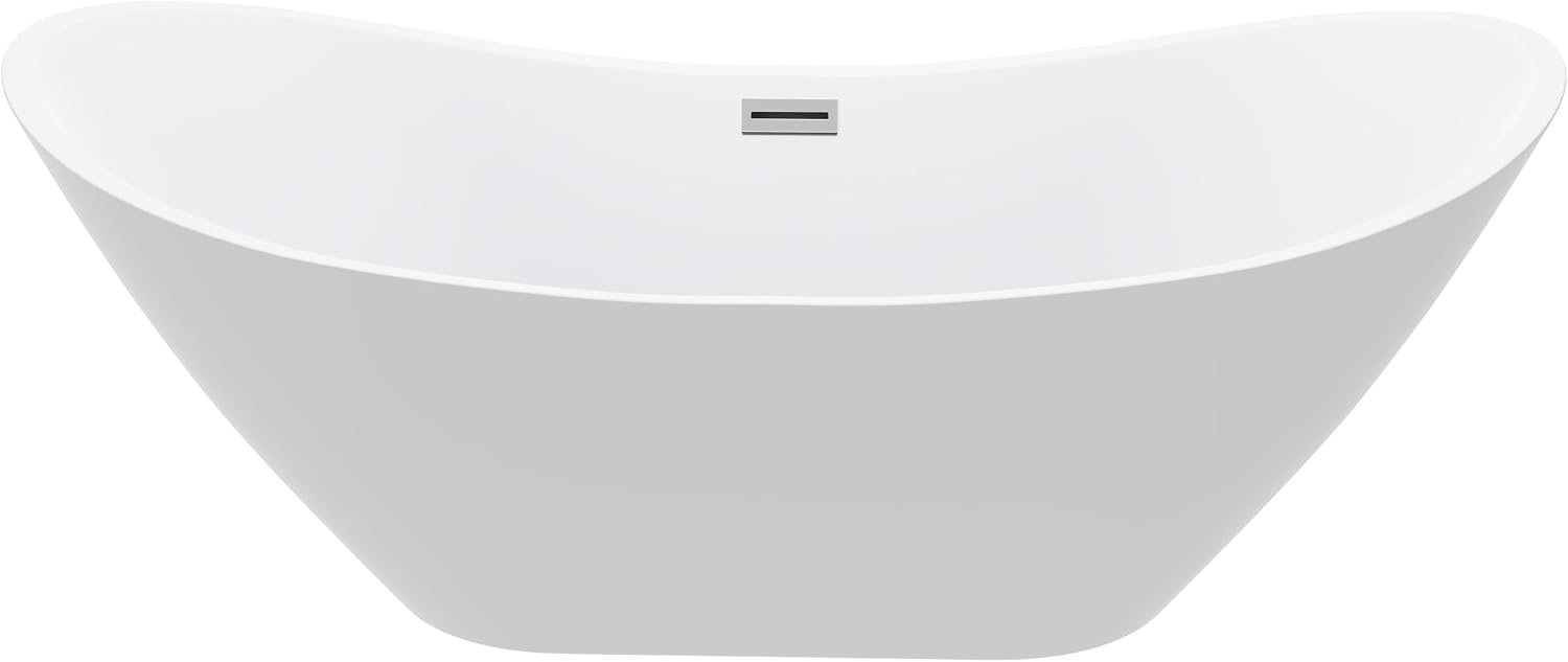 BuildMyplace Sky 67' Acrylic Freestanding Contemporary Soaking Bathtub with Glossy White Finish, Oval Shape, Chrome Plated Drain Cover & Pop Up-Overflow Hole