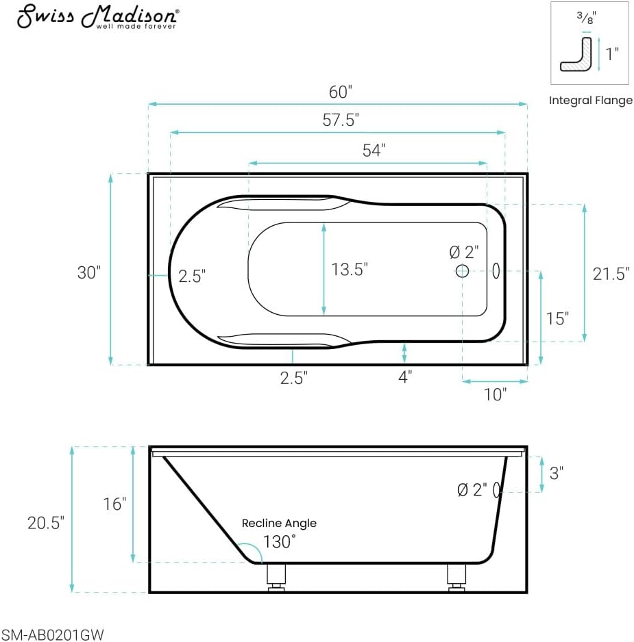 Bastille 60 x 30 Right Drain Soaking Alcove Bathtub in Glossy White with Integrated Armrest