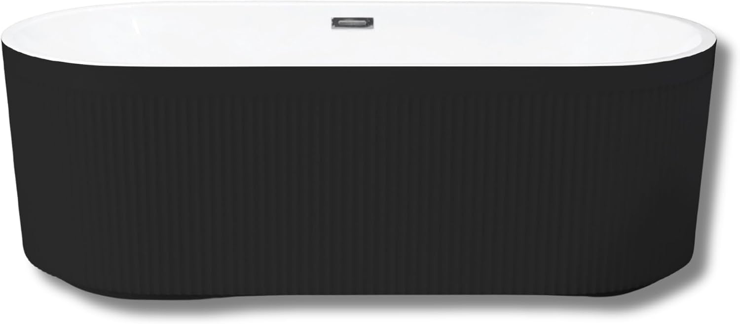 59' Acrylic Freestanding Bathtub with Unique Pleated Design: Spacious Oval Shape, Gloss Black Finish, Brushed Nickel Overflow & Pop-Up Drain