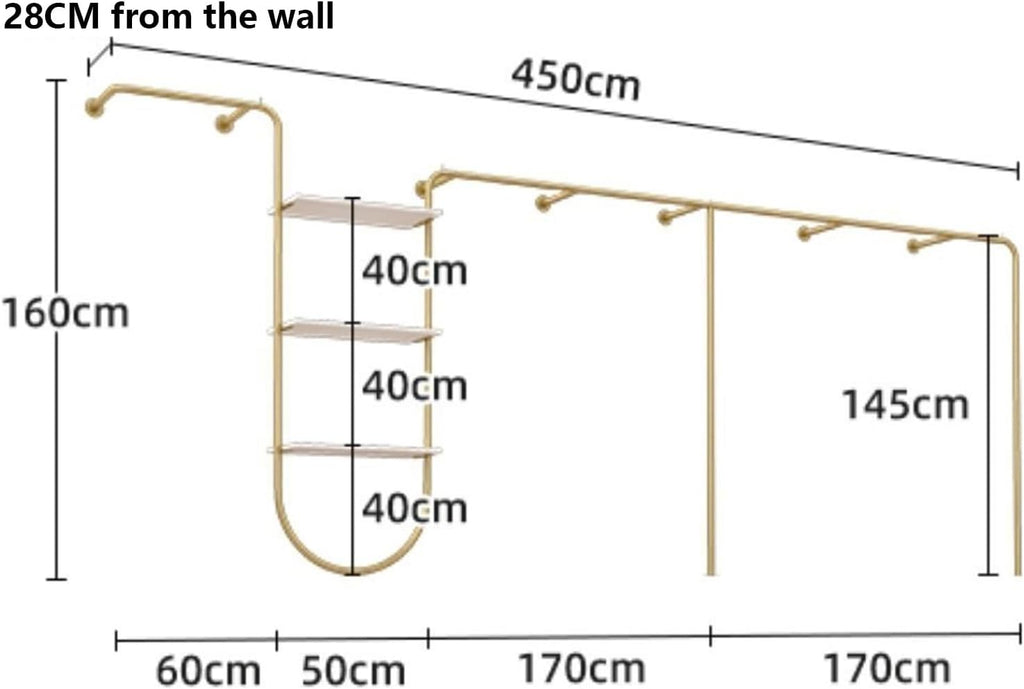 Wall Mounted Clothes Rack With Shelves, Heavy Duty Rods Retail Store Clothing Garment Rack, Storage Clothes Shoe Bag Pipe Shelf, Clothing Store Display Stands Garment Rack ( Size : 450*28*160cm )