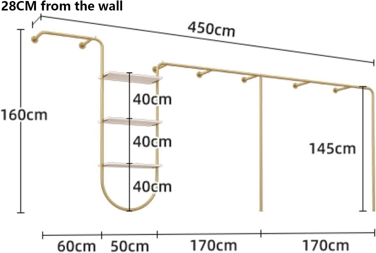 Wall Mounted Clothes Rack With Shelves, Heavy Duty Rods Retail Store Clothing Garment Rack, Storage Clothes Shoe Bag Pipe Shelf, Clothing Store Display Stands Garment Rack ( Size : 450*28*160cm )