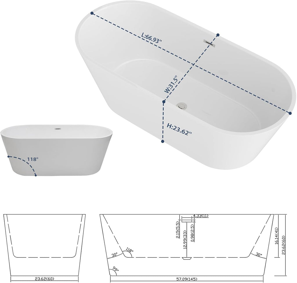 Lordear Freestanding Tub Soaking 67 Inch High Back Acrylic Stand Alone Bath Tub for Bathroom with Overflow and Drain #LTUB7109-67-C