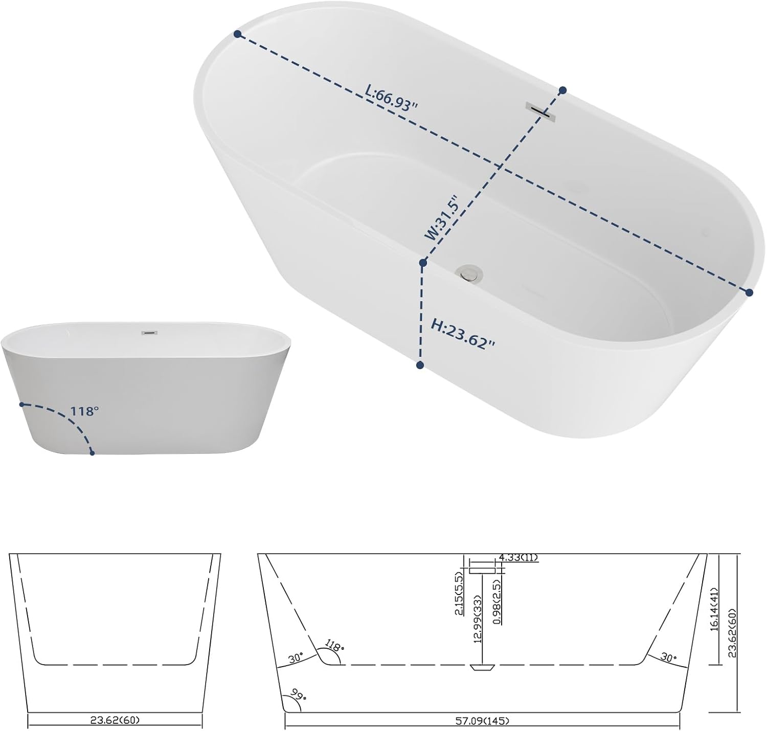 Lordear Freestanding Tub Soaking 67 Inch High Back Acrylic Stand Alone Bath Tub for Bathroom with Overflow and Drain #LTUB7109-67-C