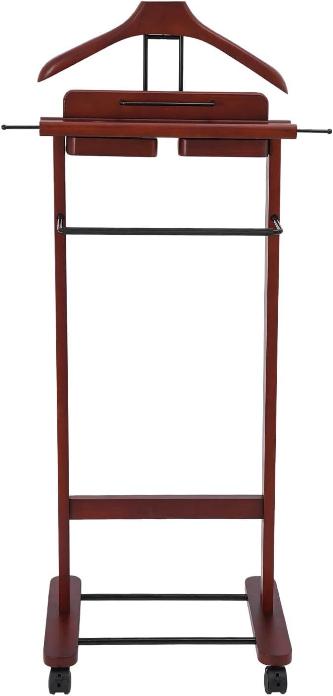 Suit Valet Stand Reddish Orange, Freestanding Clothes Rack with Wheels & Drawers, Solid Birch Wood, 66lbs Capacity, for Bedroom Hotel Entryway