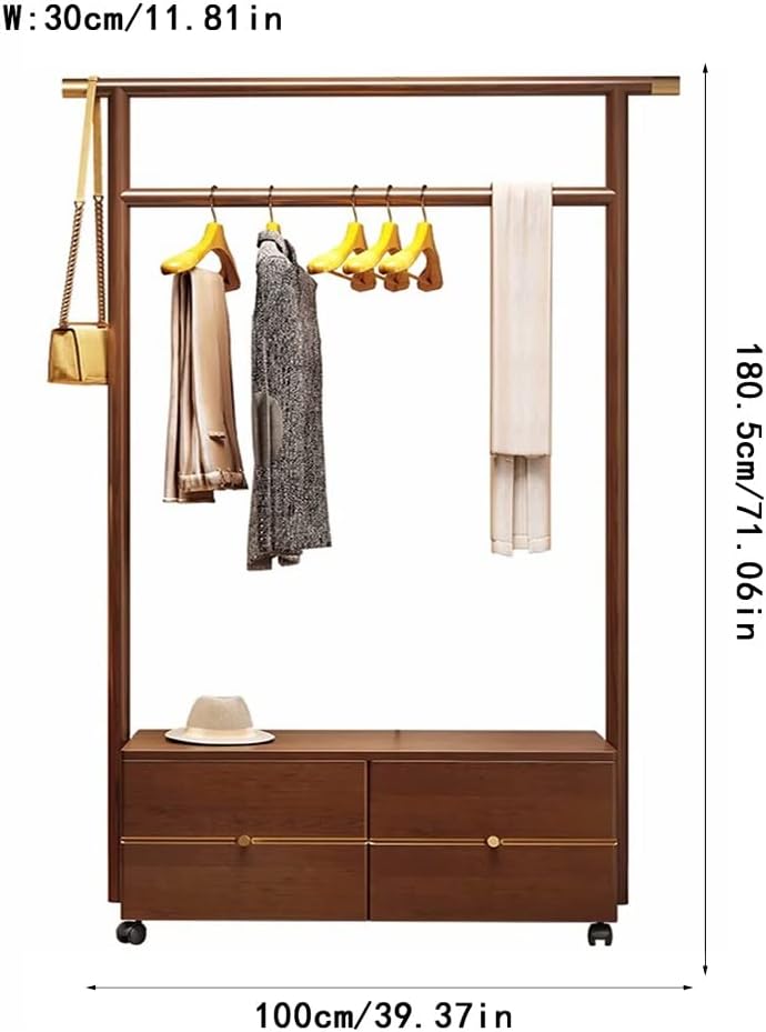 Stand Coat Rack Nordic Style Creative Coat Rack Floor Bedroom Living Room with Wheels Hanger Simple Drawer Storage Rack Clothes Rolling Rack(100 * 30 * 180cm)