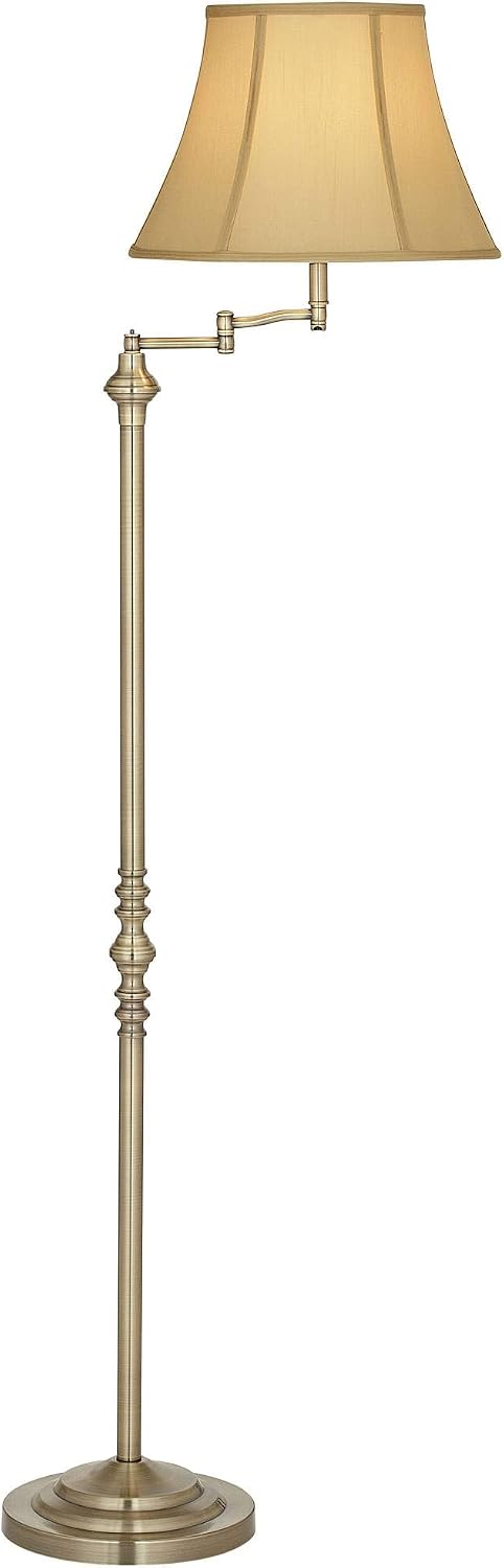 Regency Hill Montebello Traditional Adjustable Swing Arm Floor Lamp Standing 60' Tall Antique Brass Metal Column Golden Tan Bell Shade for Living Room Reading House Family Bedroom Home