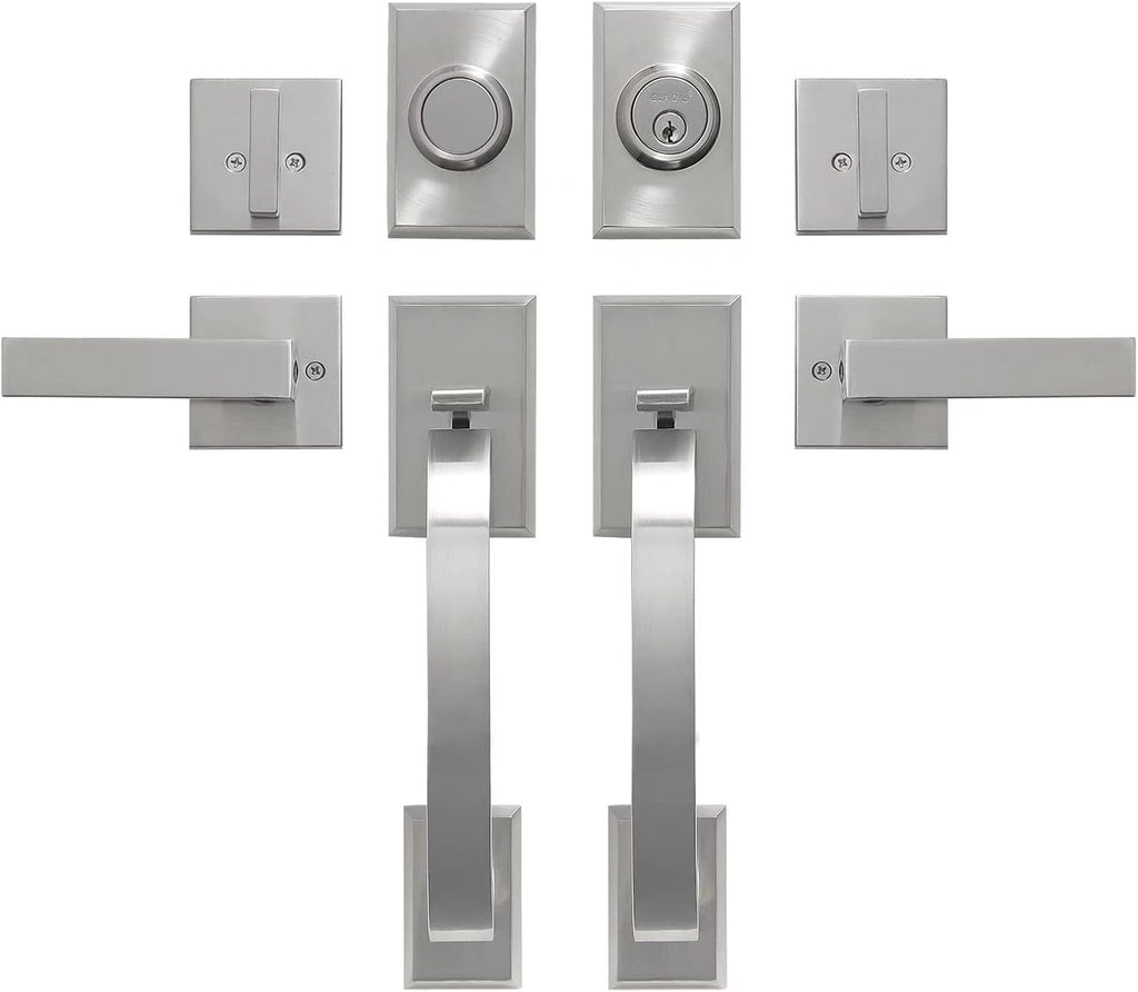 Double Front Door Handle Set with Heavy Duty Lock, Satin Nickel Finish, Suitable for Front or Office Door