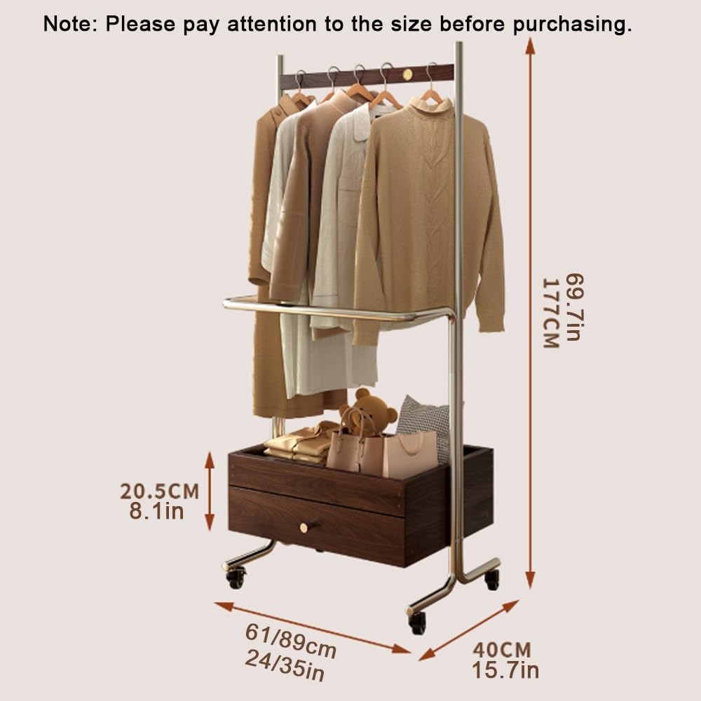Metal Frame Coat Rack Freestanding, Mobile Clothing Racks with Wheels, Retro Coat Stand with Solid Wood Drawer, Multifunctional Clothes Rack for Bedroom, Cloakroom(61cm-24in)