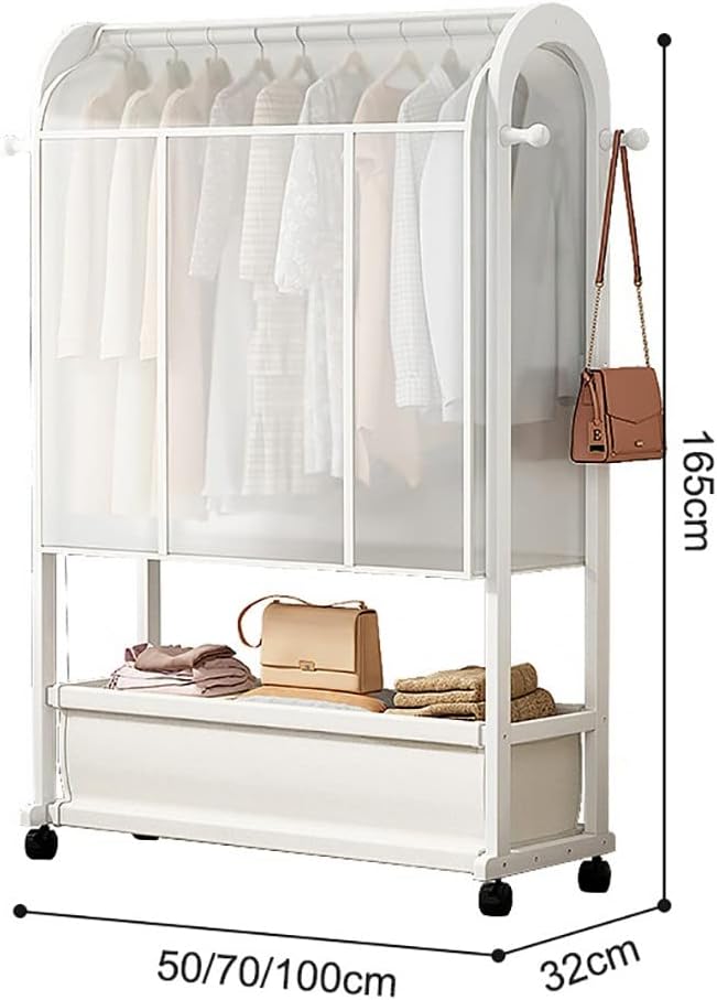 Heavy Duty Clothes Rail with Wheels and Dust Cover, Bamboo Garment Rack with Shelves, for Bedroom Home (White 70x32x165cm)