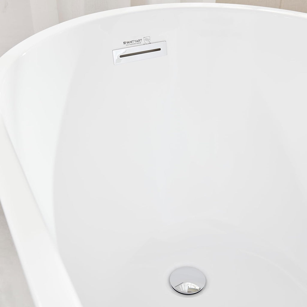 Vanity Art 67 x 31 Inches Freestanding Bathtub White Acrylic Bathtub Modern Stand Alone Soaker Tub with UPC Certified Slotted Overflow and Pop-up Drain for Two Person Bathing