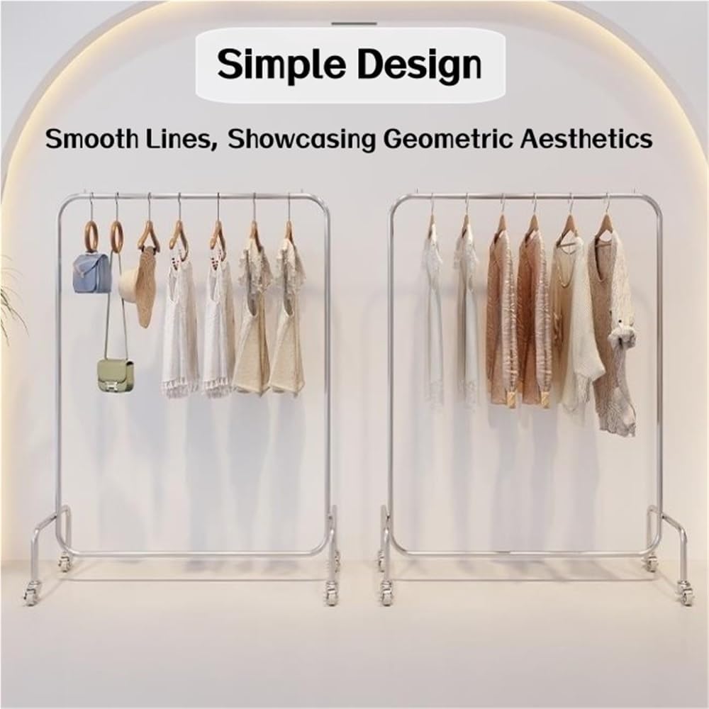Metal Garment Rack with Wheels, Rolling Heavy Duty Clothes Rack, Floor-Standing Silver Retail Display, Commercial Retail Clothing Rack for Clothing Store and Boutique(150cm/59.1in)