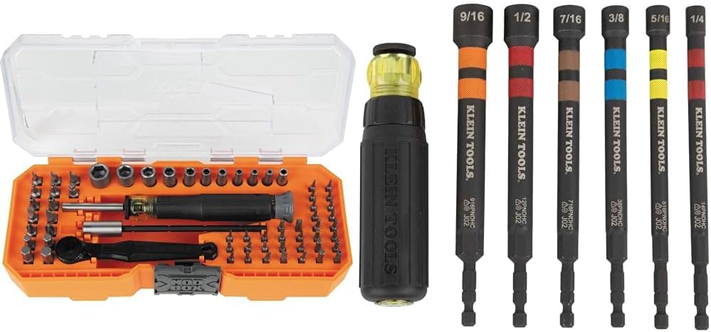 Klein Tools 64-Piece Micro-Ratchet Precision Driver Set with Case and 6-Piece Ratcheting Impact Rated Hollow Nut Driver Set