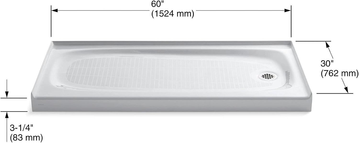 KOHLER K-9054-0 Salient 60-Inch x 30-Inch Single-Threshold Shower Base with right hand drain, White