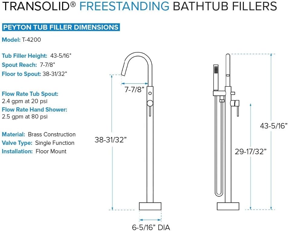 Transolid Skylar Freestanding Oval Soaking Bathtub Kit 59 in. x 31 in. Gloss White with Peyton T4240-MB Matte Black Floor-Mount Faucet, Color-Matched EZ-Click Center Drain and Bath Pillow