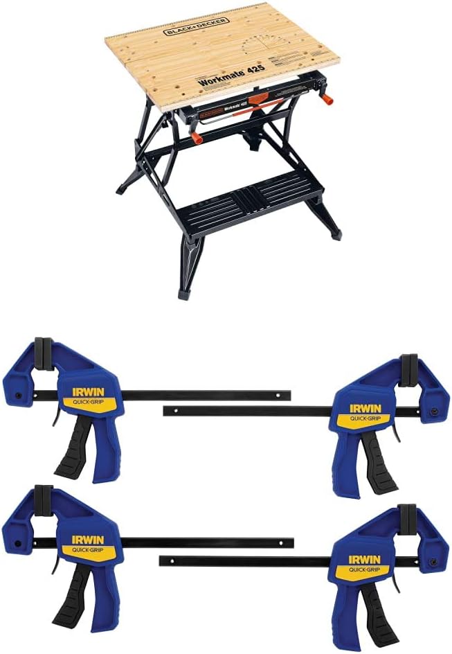 BLACK+DECKER Portable Workbench, Project Center and Vise with IRWIN QUICK-GRIP Clamps, One-Handed, Mini Bar, 6-Inch, 4-Pack (WM425-A & 1964758)