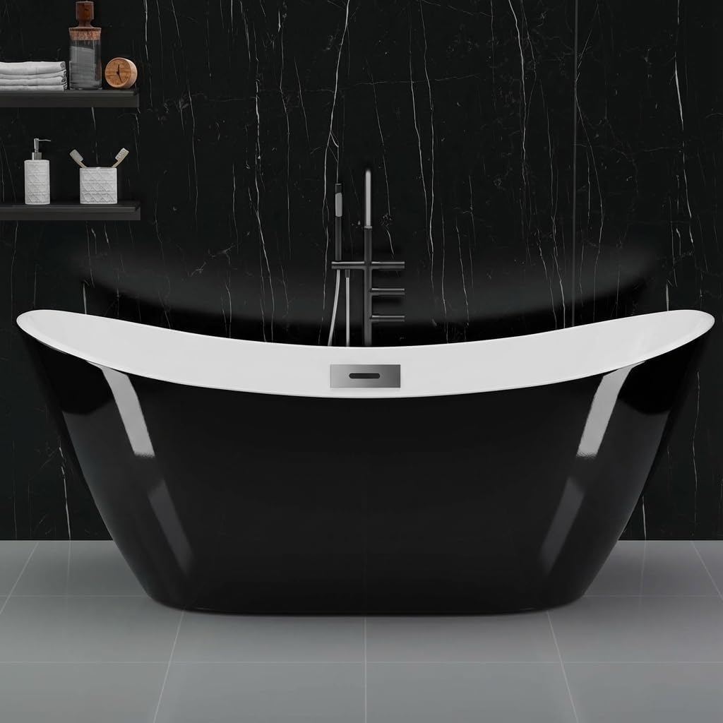 Acrylic Freestanding Bathtub, 67 Inch Modern Double End Shape Tub, White and Black, Deep Soaking Acrylic Bath Tub, Chrome Pop-Up Drain and Overflow, Contemporary Upright Stand Alone Tub