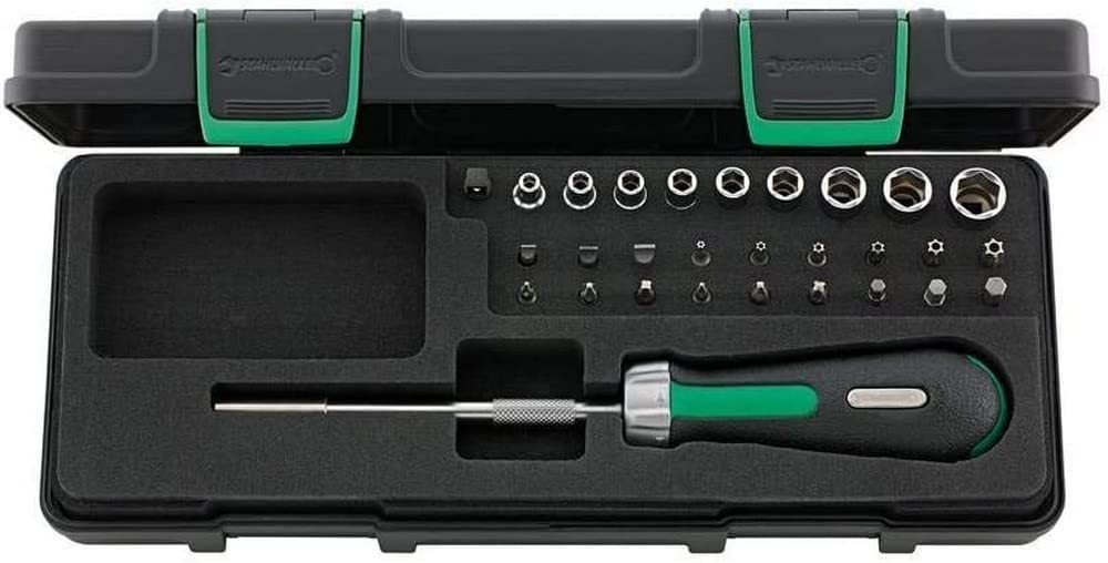 Stahlwille 96182203 29-Piece Ratcheting Bit Holder Set w/ 1 Ratchet Bit Holder, 18 Bits, 1 Square Drive Extension, and 9 Sockets No. 40 - Made in Germany