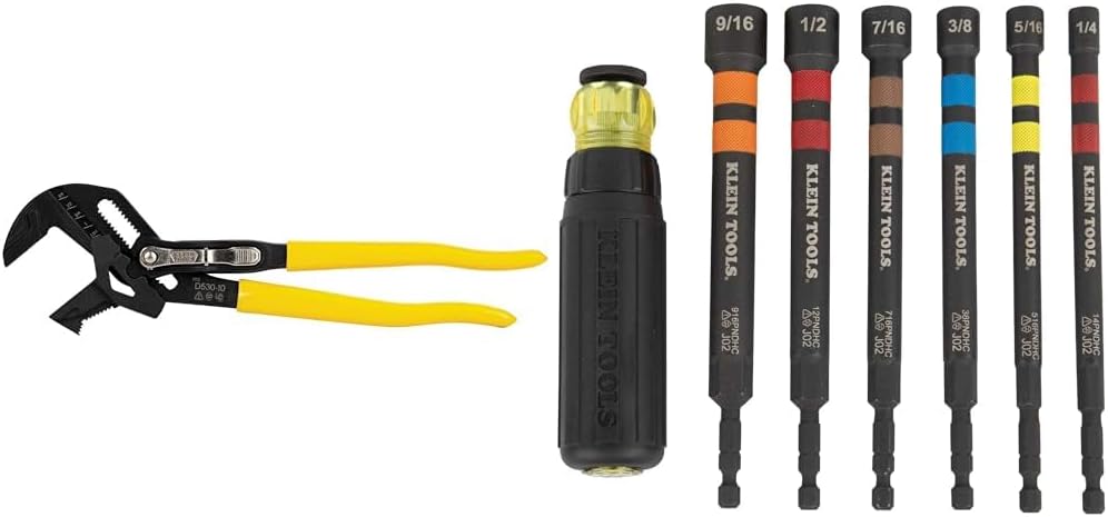 Klein Tools 10-Inch Plier Wrench and 6-Piece Hollow Magnetic Ratcheting Impact Nut Driver Set