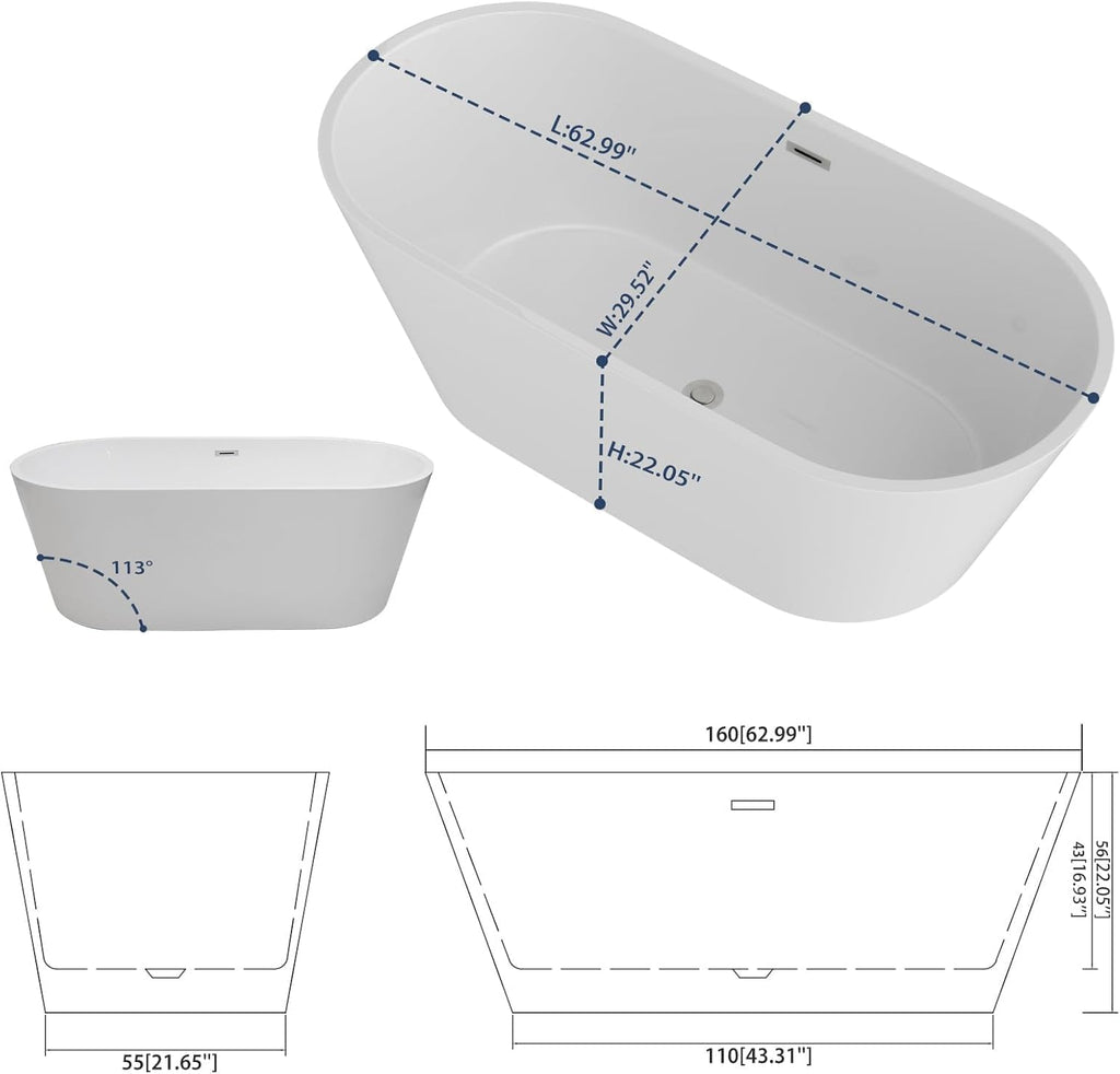 Sarlai 63 Inch Acrylic Freestanding Soaking Bathtub Contemporary Soaking White Tub Stand Alone Ergonomic Bathtub with Chrome Drain and Overflow
