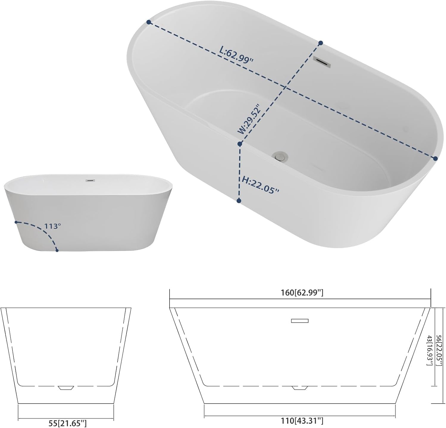 Sarlai 63 Inch Acrylic Freestanding Soaking Bathtub Contemporary Soaking White Tub Stand Alone Ergonomic Bathtub with Chrome Drain and Overflow
