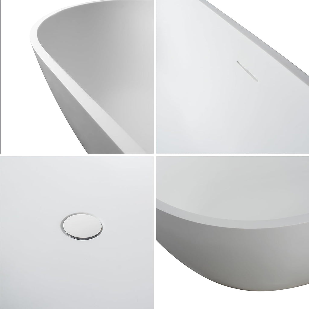 59-Inch Small Freestanding Bathtub – Solid Surface Stone Resin Oval Soaking Tub for Modern Bathroom