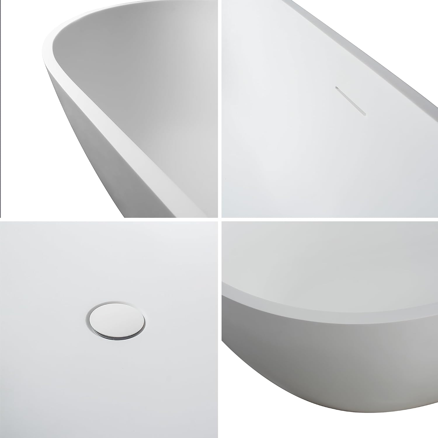 59-Inch Small Freestanding Bathtub – Solid Surface Stone Resin Oval Soaking Tub for Modern Bathroom