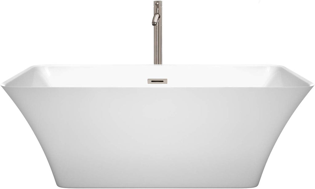 Wyndham Collection WCBTK150459ATP11BN Tiffany Freestanding Bathtub with Floor Mounted Faucet In Brushed Nickel, 59', White with Brushed Nickel Trim