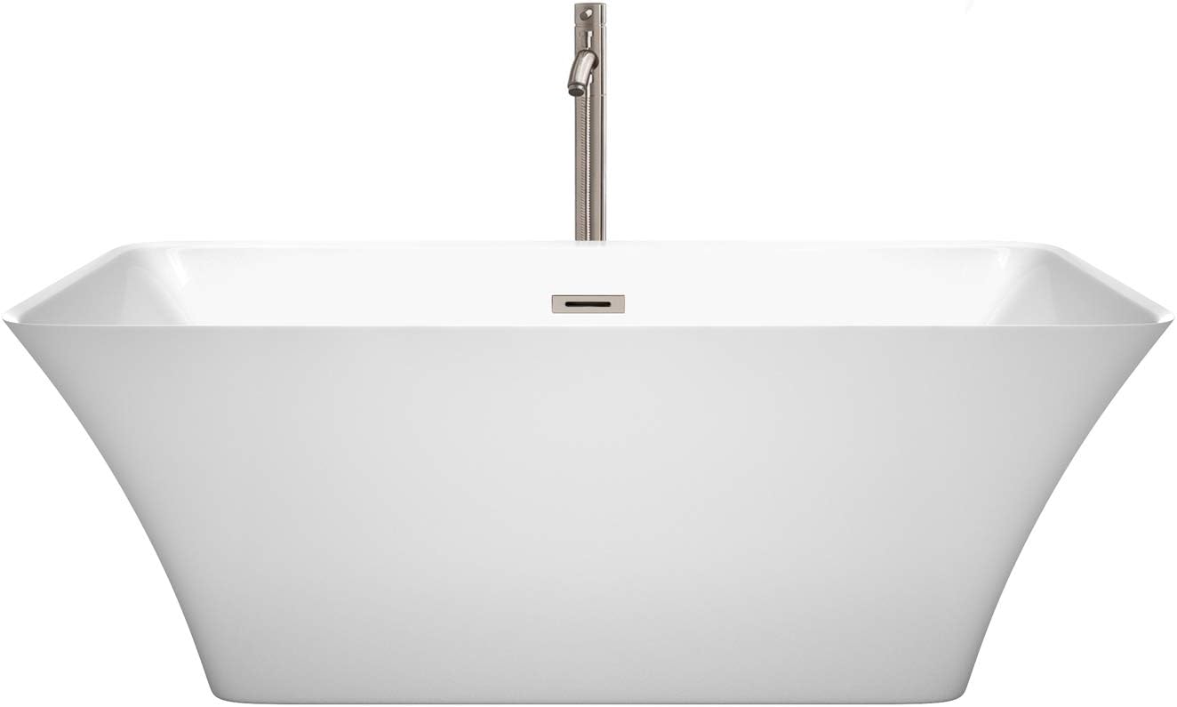 Wyndham Collection WCBTK150459ATP11BN Tiffany Freestanding Bathtub with Floor Mounted Faucet In Brushed Nickel, 59', White with Brushed Nickel Trim