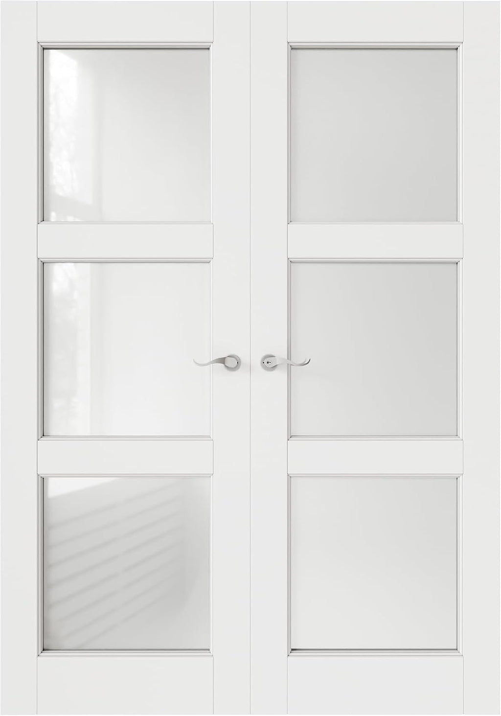 French Door 36' x 80' (Double 18' x 80') 3-Lite Frosted Glass Door Slabs with Pre-hung Jamb, Silver Hinges, Levers and Latch, White Primed, French Interior Doors with frame, Swing Double Bedroom Doors