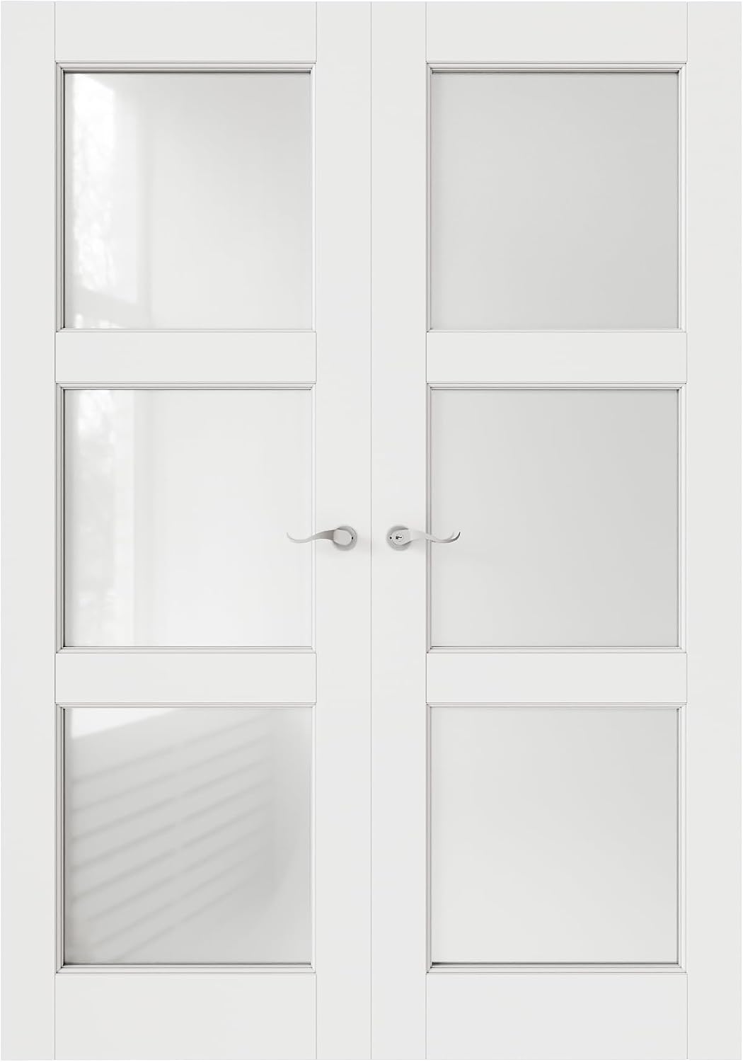 French Door 56' x 80' (Double 28' x 80') 3-Lite Frosted Glass Door Slabs with Pre-hung Jamb, Silver Hinges, Levers and Latch, White Primed, French Interior Doors with frame, Swing Double Bedroom Doors