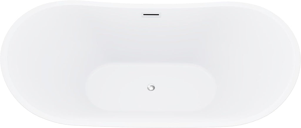 BuildMyplace Sky 67' Acrylic Freestanding Contemporary Soaking Bathtub with Glossy White Finish, Oval Shape, Chrome Plated Drain Cover & Pop Up-Overflow Hole