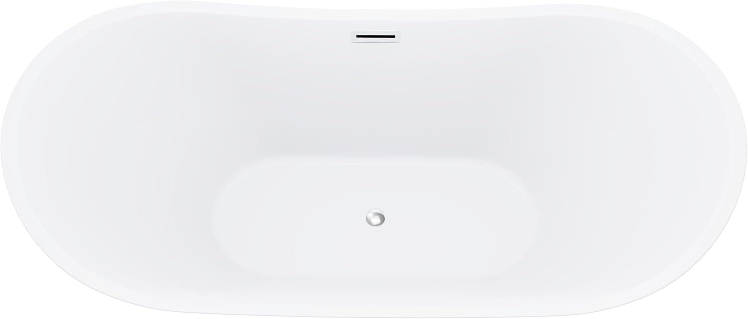 BuildMyplace Sky 67' Acrylic Freestanding Contemporary Soaking Bathtub with Glossy White Finish, Oval Shape, Chrome Plated Drain Cover & Pop Up-Overflow Hole